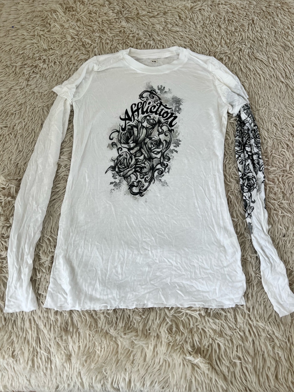 Affliction White Long-Sleeve Bandeau Top with Black Rose Graphic